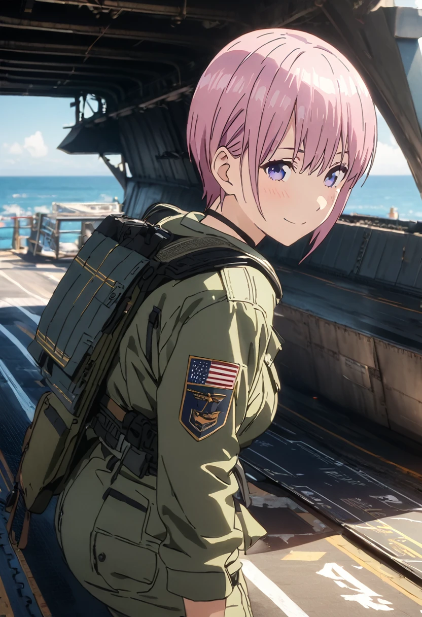 (Highest quality, 4K, 8k, High resolution, masterpiece:1.2), Very detailed, Picturesque, Anime style photo, Photo Animation:1.37)、Japanese、(Pink Hair)、(Pixie Cut)、smile、Aircraft carrier, flight deck,Black choker、Blue camouflage jacket、Blue camouflage long pants 、Blue camouflage military cap、Lace-up boots、Assault rifle、Full body photo、Nakano Ichika