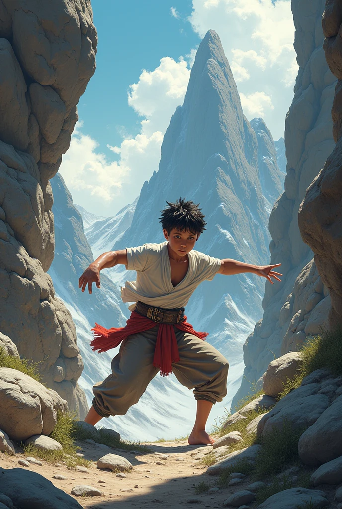A tall boy was punching the mountain rocks