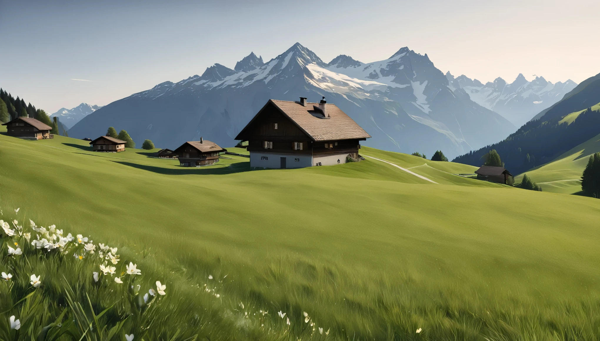 Alpine Village,Switzerland, Grasslands rich in nature, the way, spring, Daytime, (Highest quality,4K,8k,High resolution,masterpiece:1.2),Very detailed,(Realistic,photoRealistic,photo-Realistic:1.37),High resolution,超High resolution,Studio Lighting,Vibrant colors,Professional