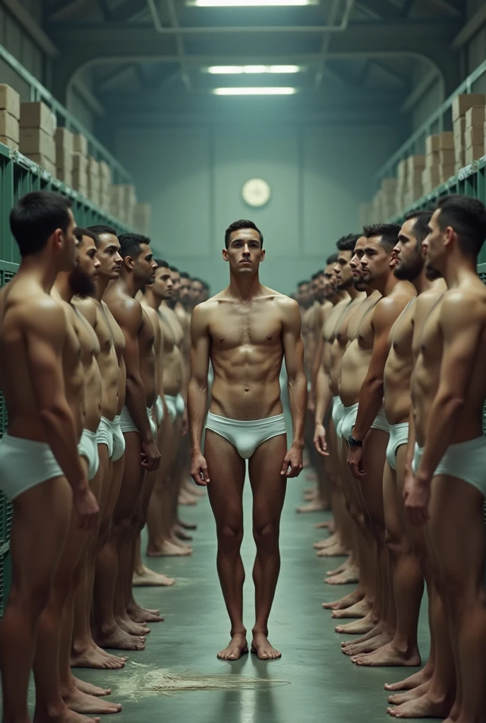 Men in their underwear in a large warehouse being examined by a medical board for military enlistment.