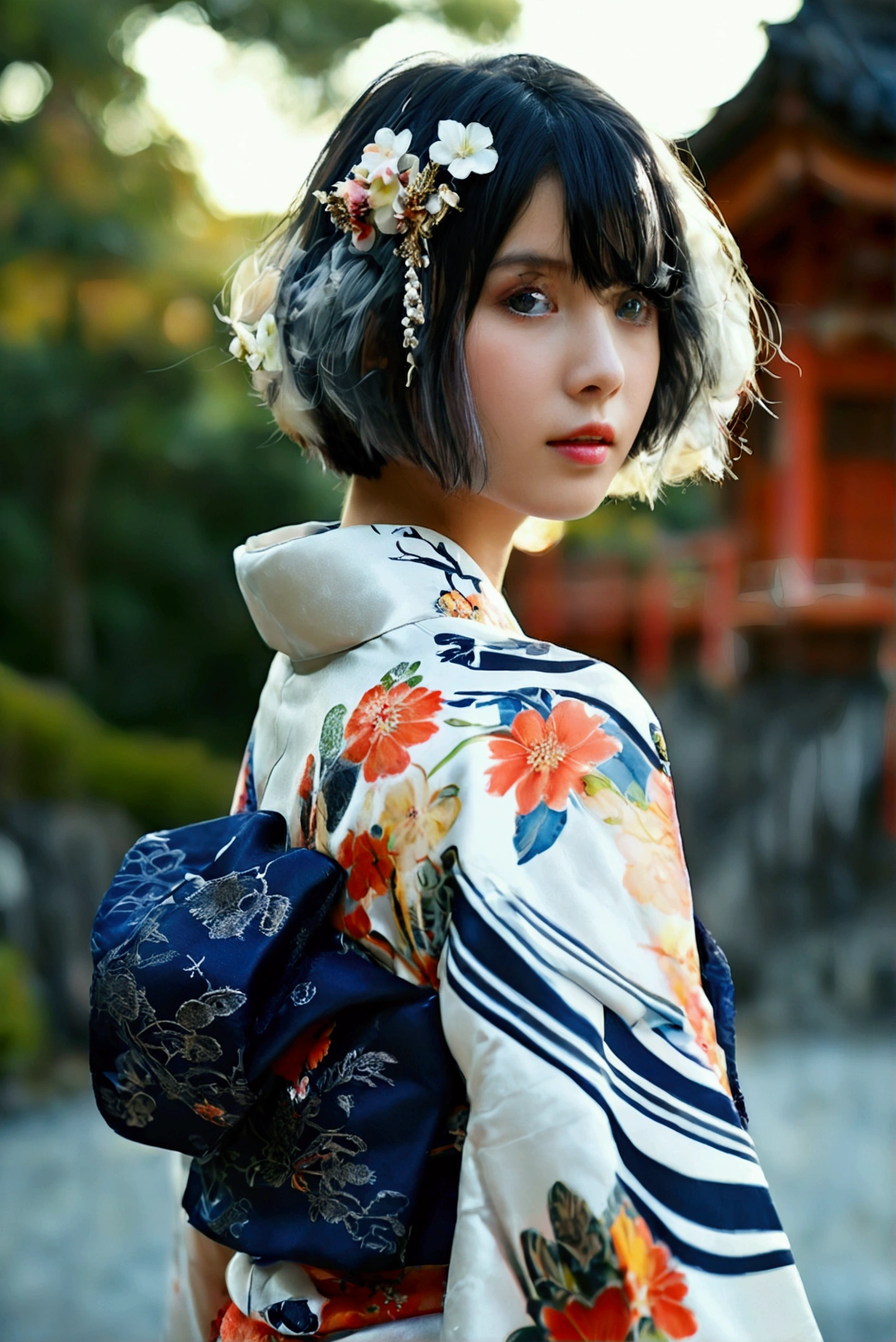 (RAW photo, best quality, masterpiece: 1.2), (photorealistic: 1.4), (20 years old, black hair, Light grey eyes, short bob cut, hair in 7 thirds, hair over one ear, solo, Detailed Skin:1.1), wearing a yukata with light navy blue watercolor floral pattern on a white background, from the front, with a navy blue sash, a floral hair accessory and a small drawstring bag, daytime, standing at a shrine, sky, full body, detailed background