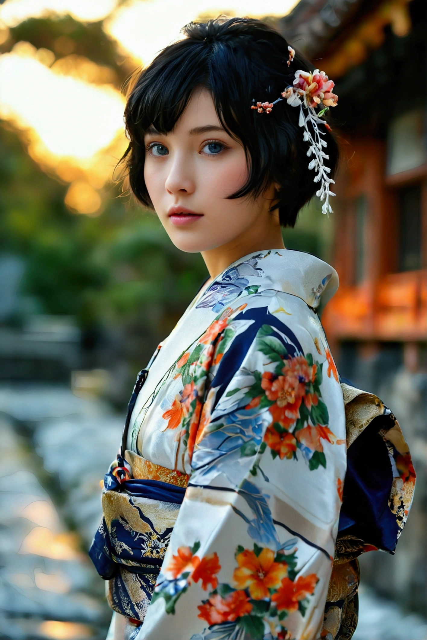 (RAW photo, best quality, masterpiece: 1.2), (photorealistic: 1.4), (20 years old, black hair, Light grey eyes, short bob cut, hair in 7 thirds, hair over one ear, solo, Detailed Skin:1.1), wearing a yukata with light navy blue watercolor floral pattern on a white background, from the front, with a navy blue sash, a floral hair accessory and a small drawstring bag, daytime, standing at a shrine, sky, full body, detailed background