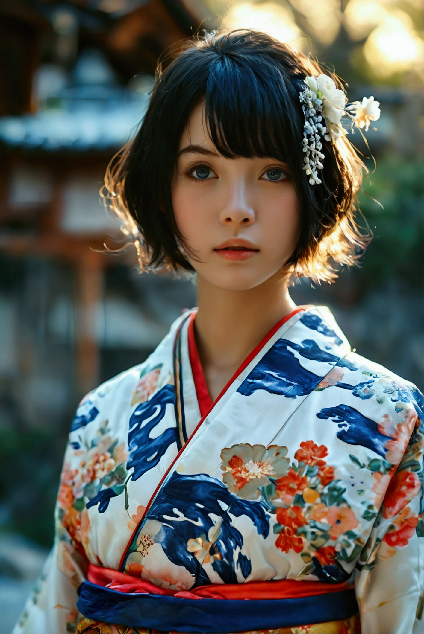 (RAW photo, best quality, masterpiece: 1.2), (photorealistic: 1.4), (20 years old, black hair, Light grey eyes, short bob cut, hair in 7 thirds, hair over one ear, solo, Detailed Skin:1.1), wearing a yukata with light navy blue watercolor floral pattern on a white background, from the front, with a navy blue sash, a floral hair accessory and a small drawstring bag, daytime, standing at a shrine, sky, full body, detailed background