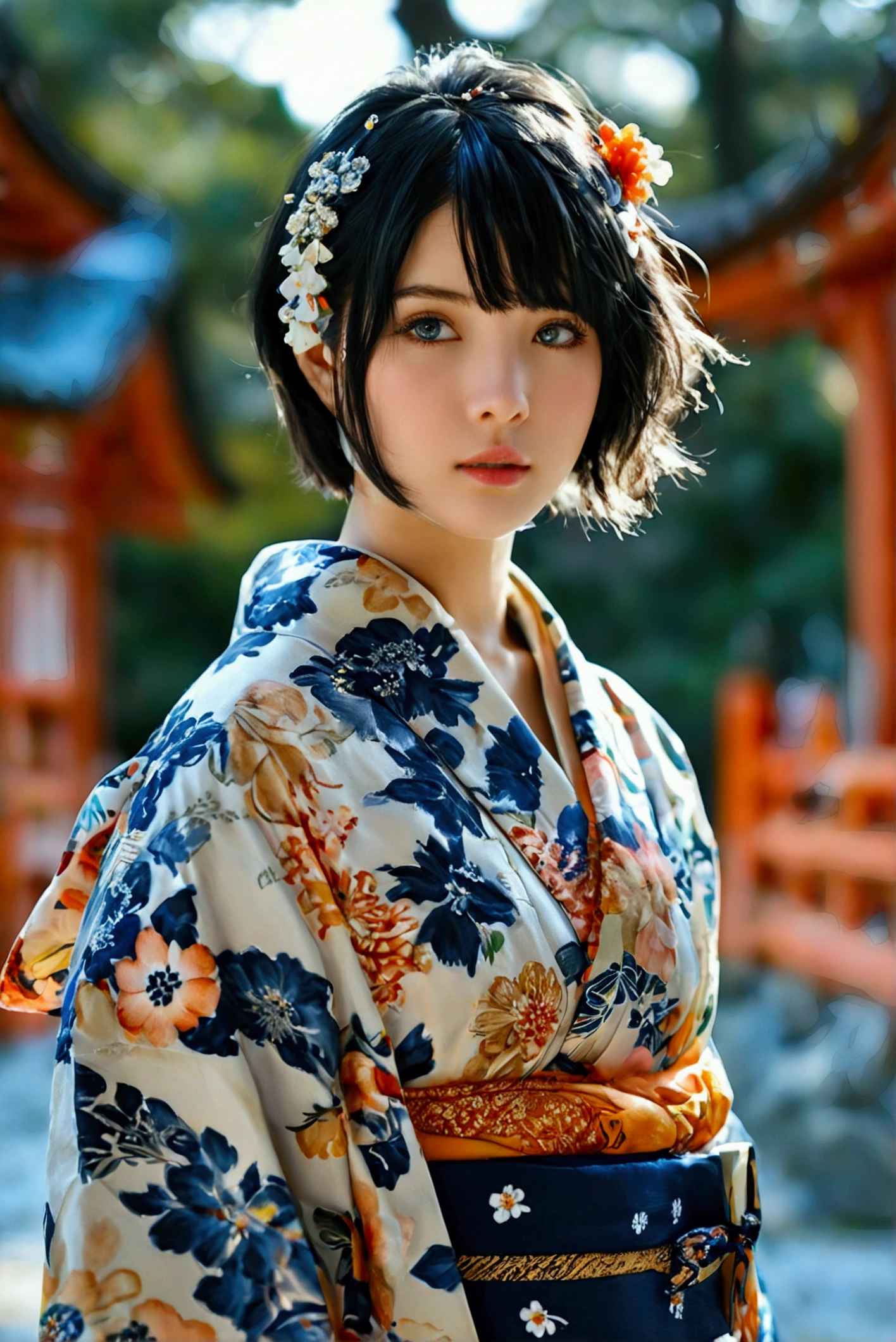 (RAW photo, best quality, masterpiece: 1.2), (photorealistic: 1.4), (20 years old, black hair, Light grey eyes, short bob cut, hair in 7 thirds, hair over one ear, solo, Detailed Skin:1.1), wearing a yukata with light navy blue watercolor floral pattern on a white background, from the front, with a navy blue sash, a floral hair accessory and a small drawstring bag, daytime, standing at a shrine, sky, full body, detailed background