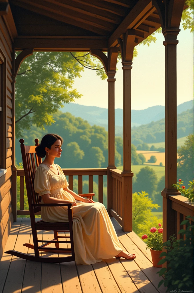 Lady on porch with rocking chair