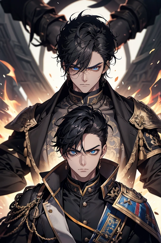 Masterpiece, High quality, Portrait, anime style, man,17 year old boy, angry face, Severe attack, อ้าปากจากAnger, Anger, glowing eyes, ผู้manอนิเมะตัวสูงที่มีตาสีฟ้า, black short hair, ((blue eyes)),Quiff Hairstyles, ((short black hair)), [Thick eyebrows], Palm Power,Chinese martial arts , ((black long coat)), ((all black)),Silver veil edge, (blue eyes) , handsome , Facial expressions, black knight armor , black fur shawl(Masterpiece,best quality,special, (Broad shoulders)) (muscle), Set up an attack, attack, There is an injury. , The background is a battlefield. , black light, Yellow flame,The giant golden Buddha statue is behind.((backdrop)), Eighteen Conquering Dragon Palms, Palm attack
