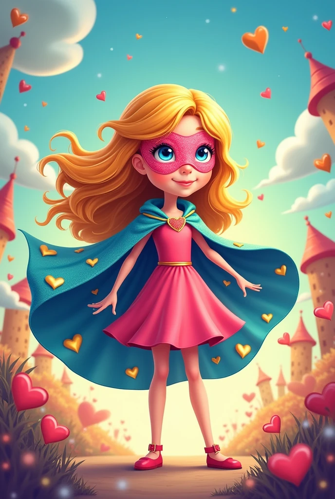 Create a picture of a story for 3 year olds, where you can see an 8-year-old superhero girl in a pink dress, golden hair with her blue cape with golden hearts and her mask of pink hearts