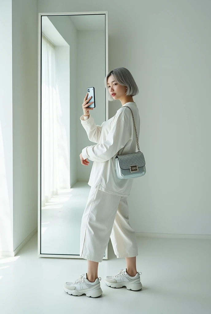 highly detailed, beautiful, hyper Realistic girl, masterpiece, best quality, Japanese sexy gravure woman, 28 years old, identity hidden, takes a selfie in her room using a smartphone in front of a mirror with one hand, fashion model Posing, looking away from the camera, /// gray short hair, light color eyes, Realistic skin, Detailed face, /// Design a futuristic fall fashion ensemble centered on white, keeping in line with minimalist aesthetics. All News Paper Print Big Shirt. Complete the look with white ankle Sneakers that have a metallic finish and a translucent, geometric silver bag. The overall vibe should exude a sleek, forward-thinking style that seamlessly blends modern minimalism with a touch of the future, /// Monotone simple modern taste single room, mirror, complicated background,