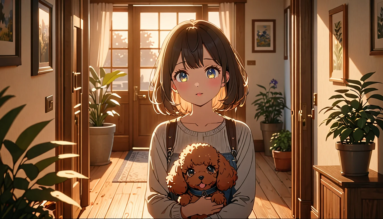 a girl entering a house, a toy poodle dog greeting her in the entryway, evening light, detailed face and expression, animetic, 8k, high quality, beautiful detailed eyes, beautiful detailed lips, extremely detailed face and features, intricate details, warm lighting, cozy home interior, wooden floors, potted plants, (best quality,4k,8k,highres,masterpiece:1.2),ultra-detailed,(animetic:1.37),cinematic lighting,natural colors,soft focus,detailed environment