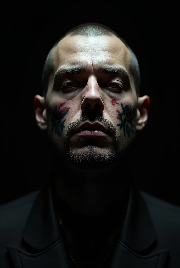 Face portret in the dark, face coming out of the total darkness tattooed male model shaved head, pointy mustache, soul pach, glasgow smile scars very big and visible scars around the mouth making the mouth look biger
