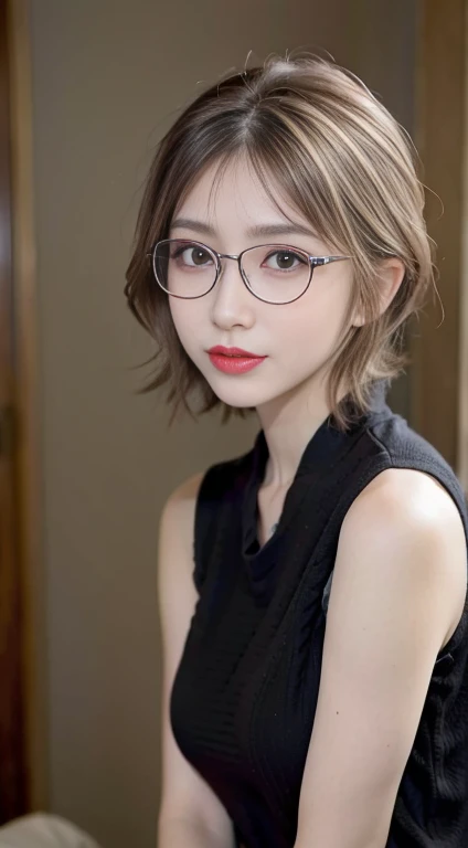 blush a little and smile, (Top quality masterpiece:1.2) Delicate illustrations, Very detailed, /Beautiful Japanese Women、1 person,Very cute and slim、Great style 、((8k images、super high quality))、Very delicate face, Big Breasts、Skin and Hair、beautifule forehead、Red lipstick、(((((short hair、Blonde、lure))))),Very cute Japanese cut face、Stylish Glasses、Eyes and nose are clearly visible、Kind eyes,((((Black sleeveless fashion))))