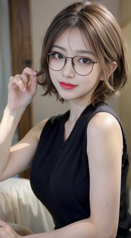 blush a little and smile, (Top quality masterpiece:1.2) Delicate illustrations, Very detailed, /Beautiful Japanese Women、1 person,Very cute and slim、Great style 、((8k images、super high quality))、Very delicate face, Big Breasts、Skin and Hair、beautifule forehead、Red lipstick、(((((short hair、Blonde、lure))))),Very cute Japanese cut face、Stylish Glasses、Eyes and nose are clearly visible、Kind eyes,((((Black sleeveless fashion))))