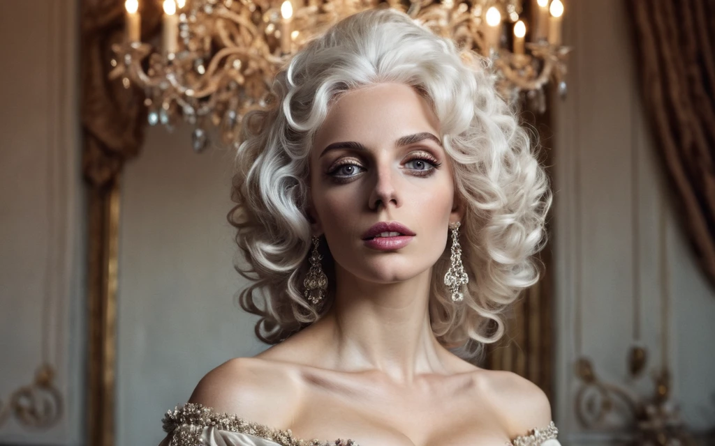 cinematic photo, gorgeous Georgian era woman, bare shoulders, head held high, grand elaborate white powdered wig, towering wig with curls and waves, delicate ornaments, detailed face, beautiful face, well-defined eyebrows, brown eyes, subtle rouge cheeks and kohl, delicate lace ruffle, silk skirt. lavish Georgian ballroom, crystal chandeliers, gilded furnishings. 35mm photograph, film, bokeh, professional, 4k, highly detailed, (tighs to head focus), 