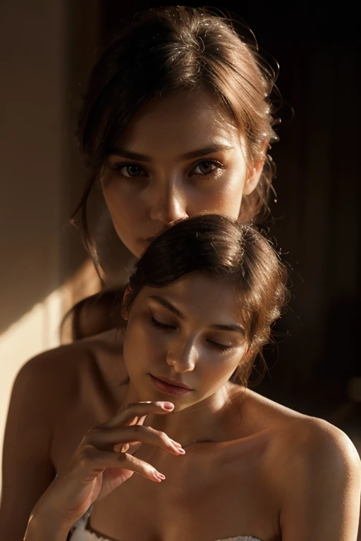 a close-up of two delicate female hands, slender fingers, smooth skin, elegant manicure, soft lighting, dramatic shadows, serene expression, cinematic composition, intricate details, high-quality photorealistic, award-winning portrait photography