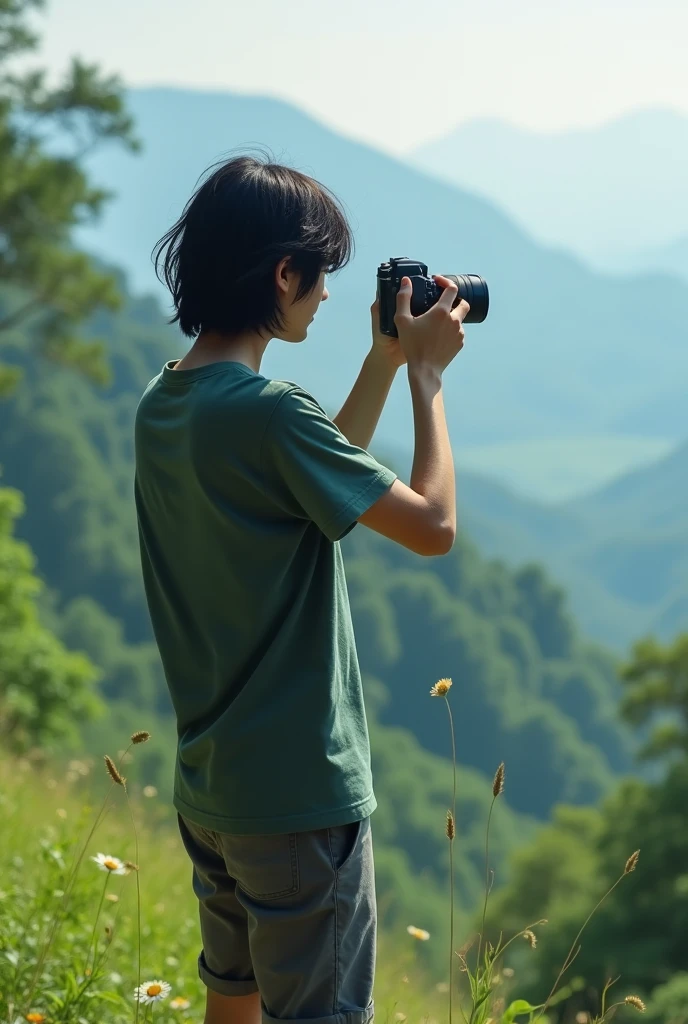 I want a photo where there is one guy of 19 years holfing camera in his hand and clicking photos where the guy have long hair not much too big but long more long hair than it and clicking photo at the peace and beautiful scene and make sure don't click front side of that guy click from the side or back which will be good and black colour hair asian guy short hair than it and man is wearing half pant and tshirt just little bit more short hair and click from more side and dont show that face too much just a little bit
