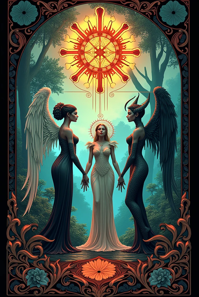 art deco: Stained glass, dark colors, intricate details. very detailed, Complex motifs, organic tracery, perfect composition, digital painting, art station, concept art, Smooth, shape, T Masterpiece, highest quality, award-winning, High resolution, Landscape painting, Beautiful and amazing, Angels, Dragons, Demons
