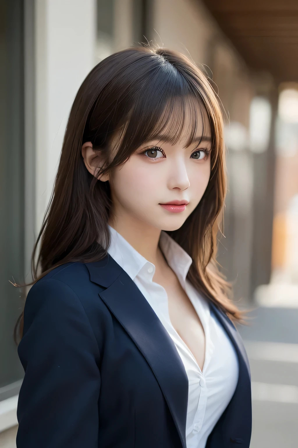 masutepiece, Best Quality, Illustration, Ultra-detailed, finely detail, hight resolution, 8K Wallpaper, Perfect dynamic composition, Beautiful detailed eyes,  Natural Lip,Blazer ,School uniform, cleavage, Full body, 大きな胸, 