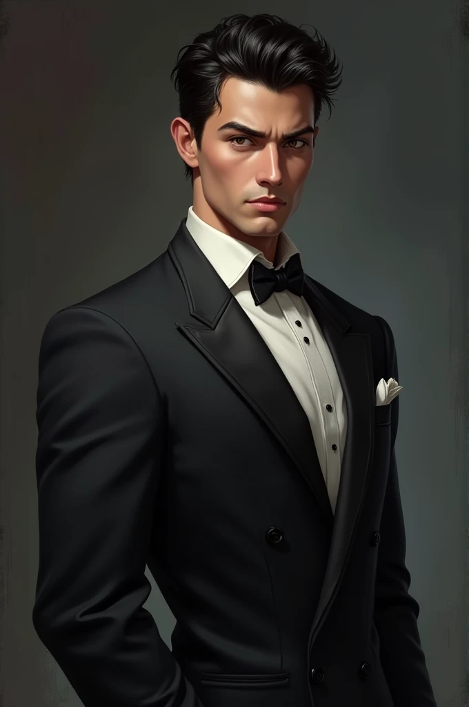 handsome man, high between 1.85 a 1.90 cm, White skin, black hair, well combed, round but thin face, black eyes, elegant, marked in terms of muscle, formal, serious and seductive look.
