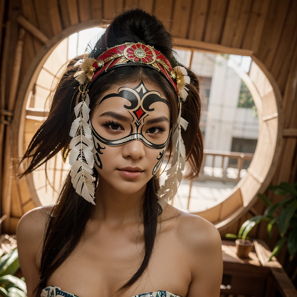 Create a beautiful illustration of Philippines mask-headdress design that feels like representing "WIKA" vibes (Front View). No human, must be only headdress with a mask. With Philippines symbolism.