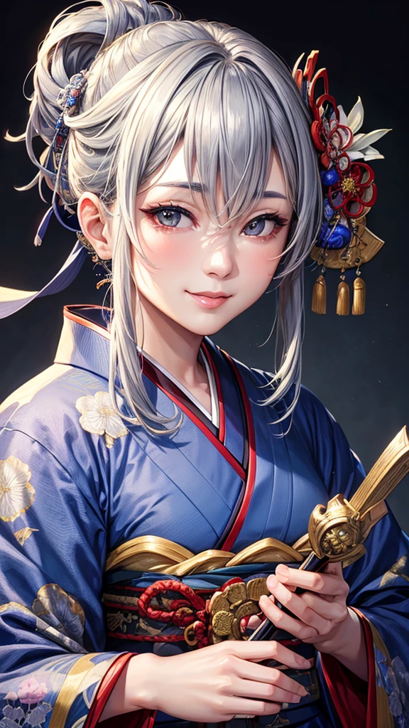masterpiece, best quality, high resolution, closeup portrait, a female, bluish gray hair, Solo hair bun, kimono, Japanese lady, amazing composition, front view, HDR, ultra quality, elegant, highly detailed, beautiful lady, smile