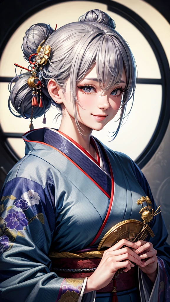 masterpiece, best quality, high resolution, closeup portrait, a female, bluish gray hair, Solo hair bun, kimono, Japanese lady, amazing composition, front view, HDR, ultra quality, elegant, highly detailed, beautiful lady, smile