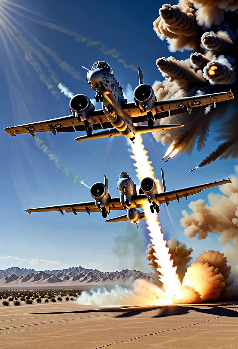 Fairchild A-10, ground attack aircraft, participating in a desert operation, firing rockets at enemy tanks, realistic, ultra-detailed, professional lighting, deep shadows, black smoke from bombing in the background,