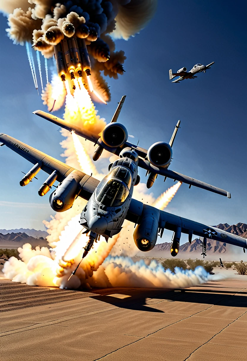 Fairchild A-10, ground attack aircraft, participating in a desert operation, firing rockets at enemy tanks, realistic, ultra-detailed, professional lighting, deep shadows, black smoke from bombing in the background,