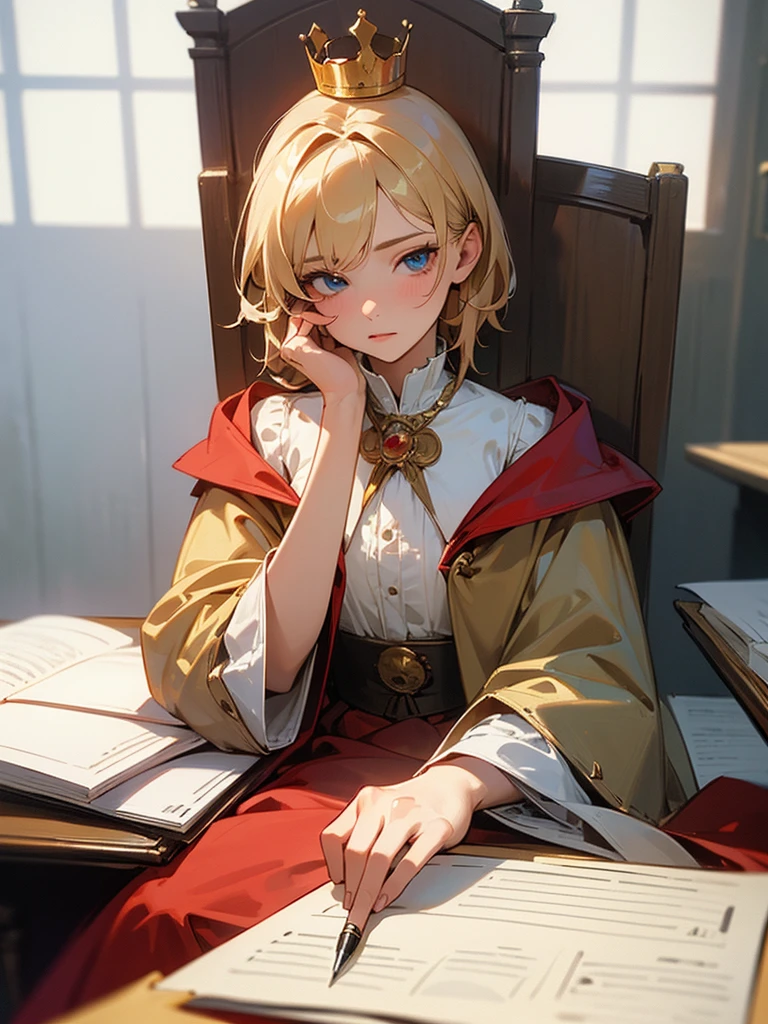 (Masterpiece: 1.2, Best Quality), Realistic, (Realistic Picture, Complex Details, Depth of Field), Best Quality, Masterpiece, Highly Detailed, Semi Realistic, 1 Girl, Mature Female, 21 Years Old, Blond Hair, Shoulder length Short Hair, Left Eye Covered with Hair, Blue Eyes, King's Clothes, Red Cloak, Slim Figure, Crown Made of Precious Gold, Reading Documents, Marking Documents, Goose Hair Pen, Office Table, Soft Bench, Palace, In the palace, during the Middle Ages