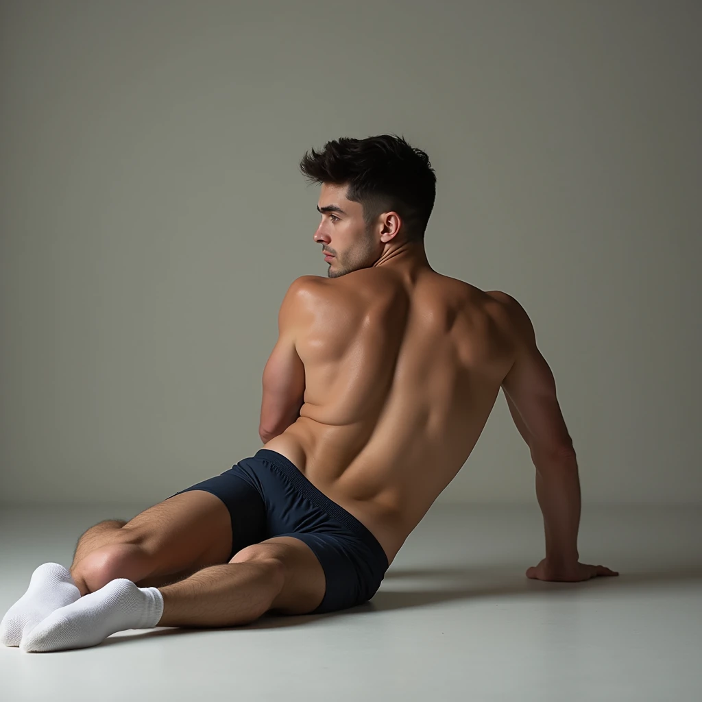 A white man, at 33 years old, model type, with short dark hair, with clear eyes, wearing arabic shirt, socks and boxers, Deitado de barriga para baixo, standing backwards, looking at the camera and showing her ass