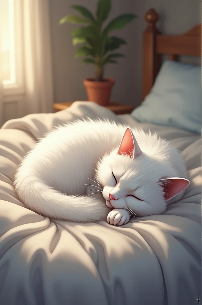 Butiful white cat sleep on my bed 