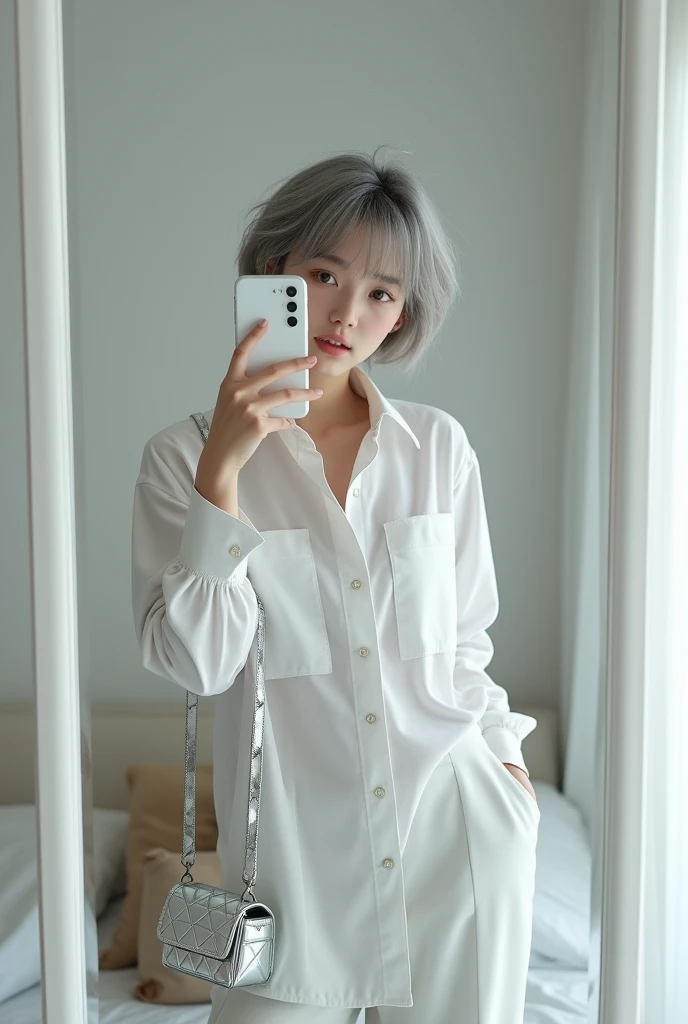 highly detailed, beautiful, hyper Realistic girl, masterpiece, best quality, Japanese sexy gravure woman, 28 years old, identity hidden, takes a selfie in her room using a smartphone in front of a mirror with one hand, fashion model Posing, looking away from the camera,   ///  gray short hair, light color eyes, Realistic skin, Detailed face, /// Design a futuristic fall fashion ensemble centered on white, keeping in line with minimalist aesthetics. All News Paper Print Big Shirt. Complete the look with white ankle Sneakers that have a metallic finish and a translucent, geometric silver bag. The overall vibe should exude a sleek, forward-thinking style that seamlessly blends modern minimalism with a touch of the future, /// Monotone simple modern taste single room, mirror, complicated background,
