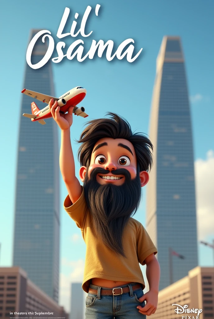 A Disney pixar movie poster, featuring a young boy with a very long ZZtop beard, holding a toy airplane with one hand in the air, two identical flat-roofed business towers in the background, the movie title at the top says "Lil' Osama", text at the bottom saying "in theaters  this september", Disney pixar logo above title, actor names and studios details at the bottom, highly detailed, best quality, 4k