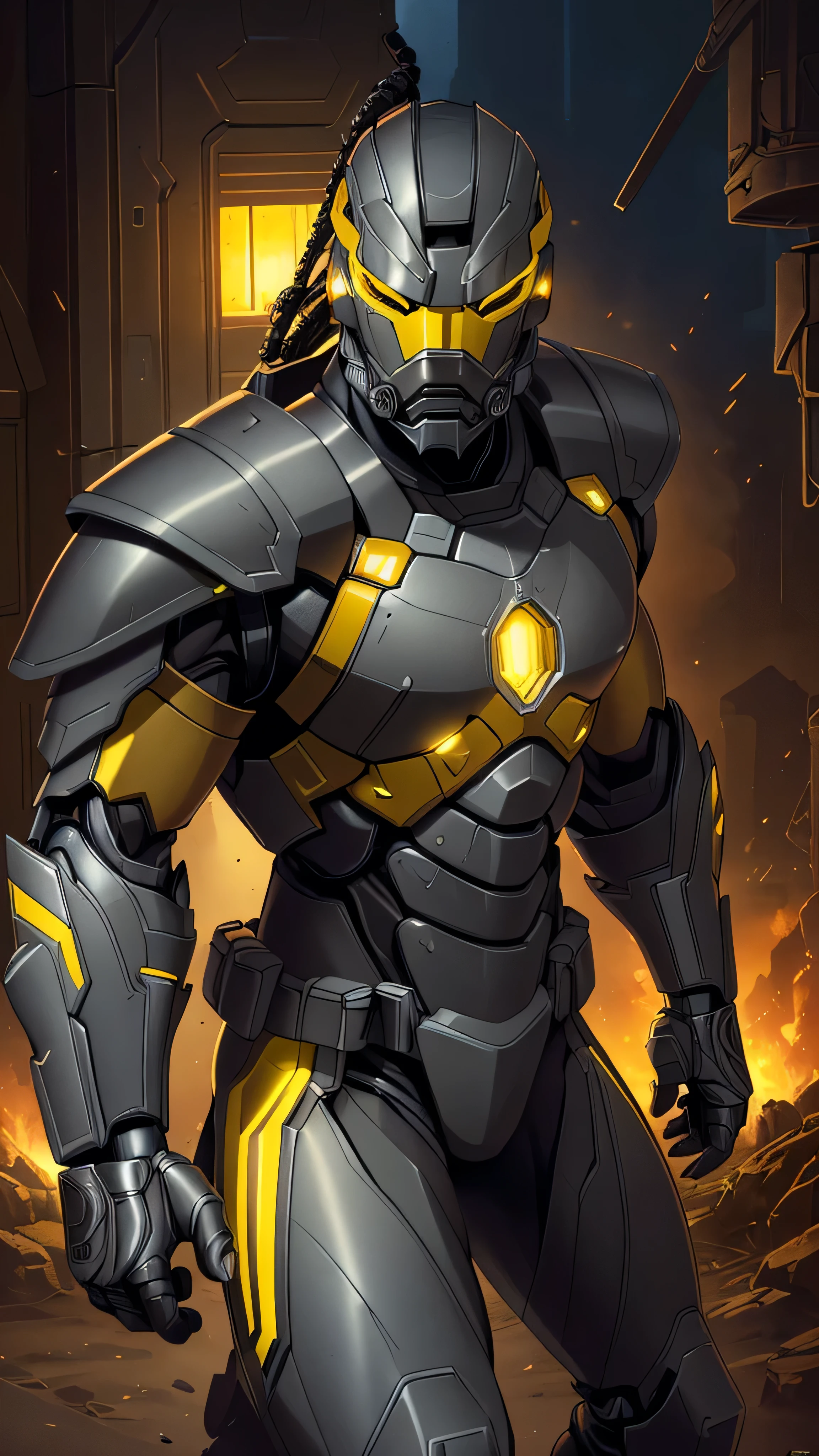 zxcrx, cyborg ninja, sleek (dark grey and black armour:1.5), various mechanical components, face is covered by a helmet with a (glowing yellow visor:1.3), equipped with powerful guns, missile launchers, retractable blades, (insanely detailed, beautiful detailed face, masterpiece, best quality), cinematic lighting, 1man, solo, full body view, front view, looking at viewer, intricate, high detail, sharp focus, dramatic, photorealistic painting art by greg rutkowski