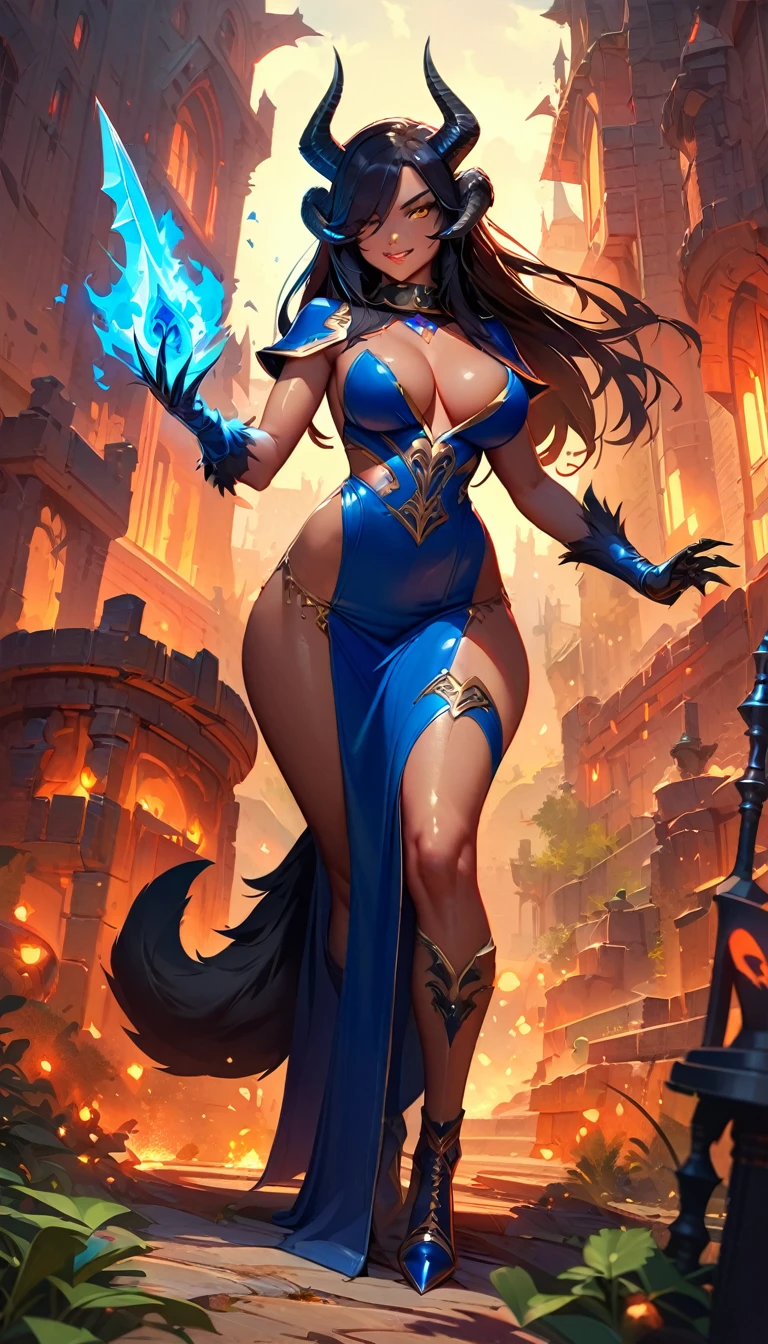 best quality,4k,8k, highres, masterpiece:1.2), ultra-detailed, extremely detailed eyes, extremely detailed body, (large masterpiece digital art), (detailed manga illustration), (detailed line art), ((perfect anatomy)), (intricate details:1.3), (ultra-detailed:1.3), (illustration:1.3), (sharp focus:1.3), (natural lighting:1.05), (vivid colors:1.3), (masterpiece), (best quality:1.4), (perfect anatomy:1.4), high quality, expressive eyes, full body, detailed face, beautiful face, perfect face, 1girl, ((dark skin)), animal ears, black sclera, smile, colored sclera, breasts, solo, monster girl, black hair, (wolf ears), large breasts, curvy, wide hips, long hair, ((gold eyes)), claws, grin, fur, looking at viewer, collar, ((dynamic action pose)), tail, (wolf tail), {(dragon horns)}, demon horns, wings, sadistic smile, hair over eye, {regal outfit}, tiny crown, blue fire, curvy, sexy dress, dark skin, cinematic lighting, dramatic atmosphere, Beautiful woman, dragon spear in hand, Jeff Bridges, ((cartoon style)), Marvel Cinematic Universe style, (((hell castle in the background))), soft bokeh of hellscape, Atey Ghailan, Jeremy Mann, Greg Manchess, Antonio Moro, trend in ArtStation, trend in CGSociety, Intricate, High Detail, Sharp focus, dramatic and photorealistic painting art by Midjourney and Greg Rutkowski,