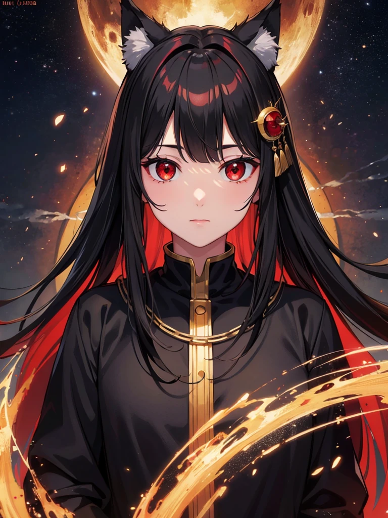 masterpiece,Highest quality,High resolution,Very detailed,Red eyes,Wolf hair,bangs,,hair ornaments, Bright and fine black hole accretion disk,male