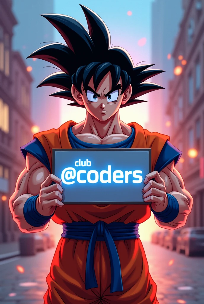 Goku, holding a sign that says "Club @coders", detailed facial features, toon, 8k, high resolution, best quality, masterpiece, ultra-detailed, cinematic lighting, dramatic pose, powerful, dynamic, vibrant colors, digital art