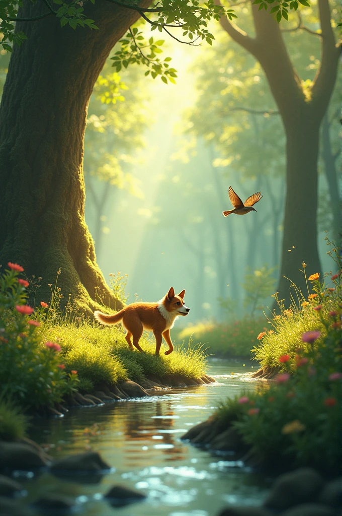 In one hand, there is a sparrow that goes into the forest with a dog and finds a stream.