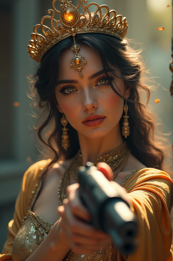 uhd, high details, best quality, goddess, gun