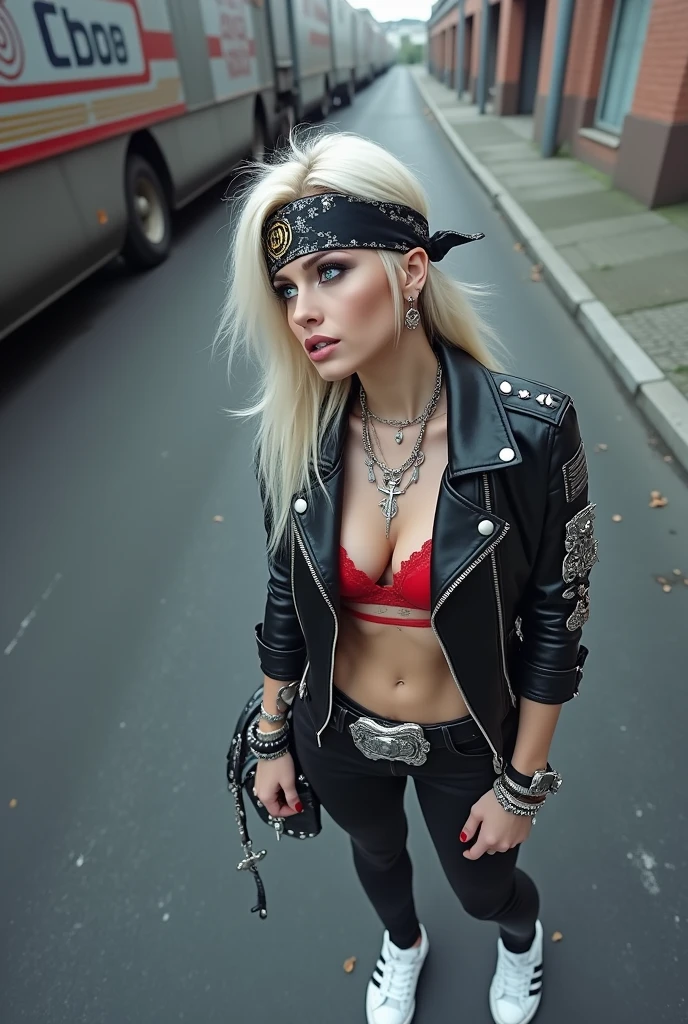 russian milf woman, biker gang member, platinum blonde hair (straight, middle part) with bandana headband, with very light blue eyes, extremely pale, heavy eye shadows. Wearing black moto jacket with lots of zippers and badges, red bra, skinny black jeans and white tennis sneakers  . Lots of metallic bracelets and crucifix pendants. Tacky leather belt with oversized, excessive silver buckle. Huge studded leather tote bag. Wide loop earrings. Looks up like talking to God, mouth and eyes open