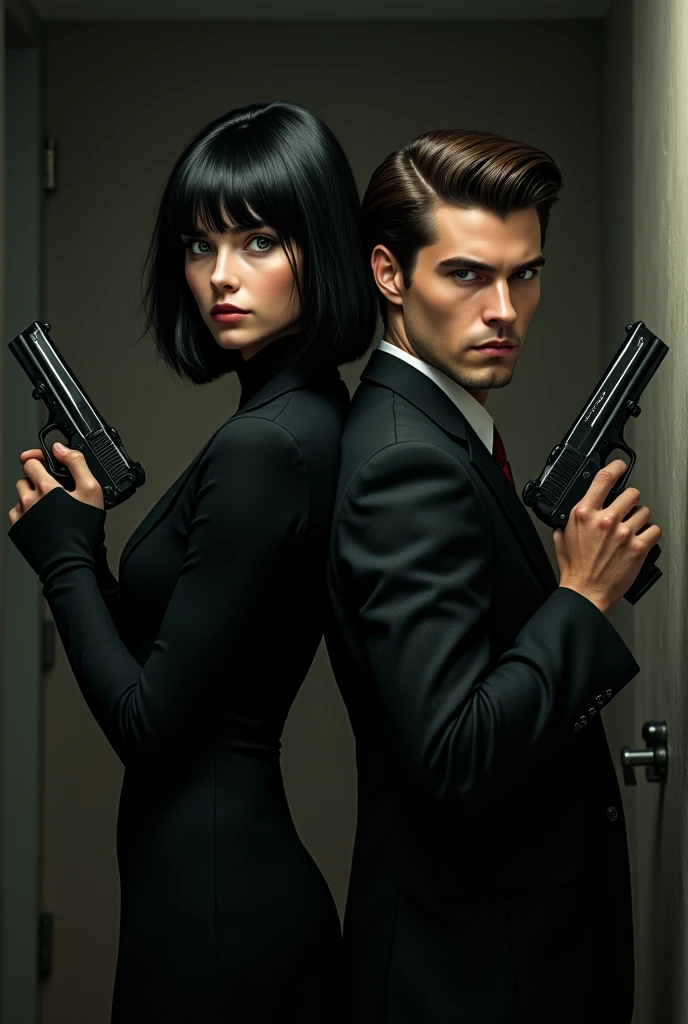 A young woman in black with black hair and green eyes holding a gun next to her brother in a suit with brown hair and brown eyes holding a gun