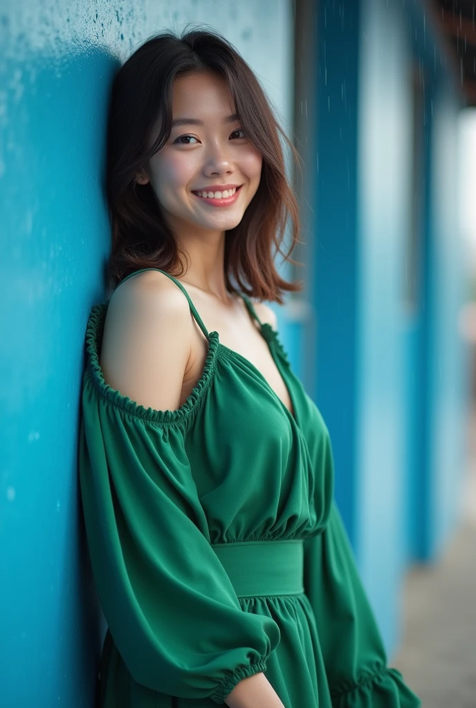 An Asian woman in a green dress leans against a blue wall, Japanese Model, cute Captivating smile, Yasumoto Oka, friendly Captivating smile, Young Sensual Gravure Idol, Young and skinny gravure idol, beautiful , Young and cute gravure idol, kiko mizuhara, Captivating smile, It rains, Kazami Yuuka