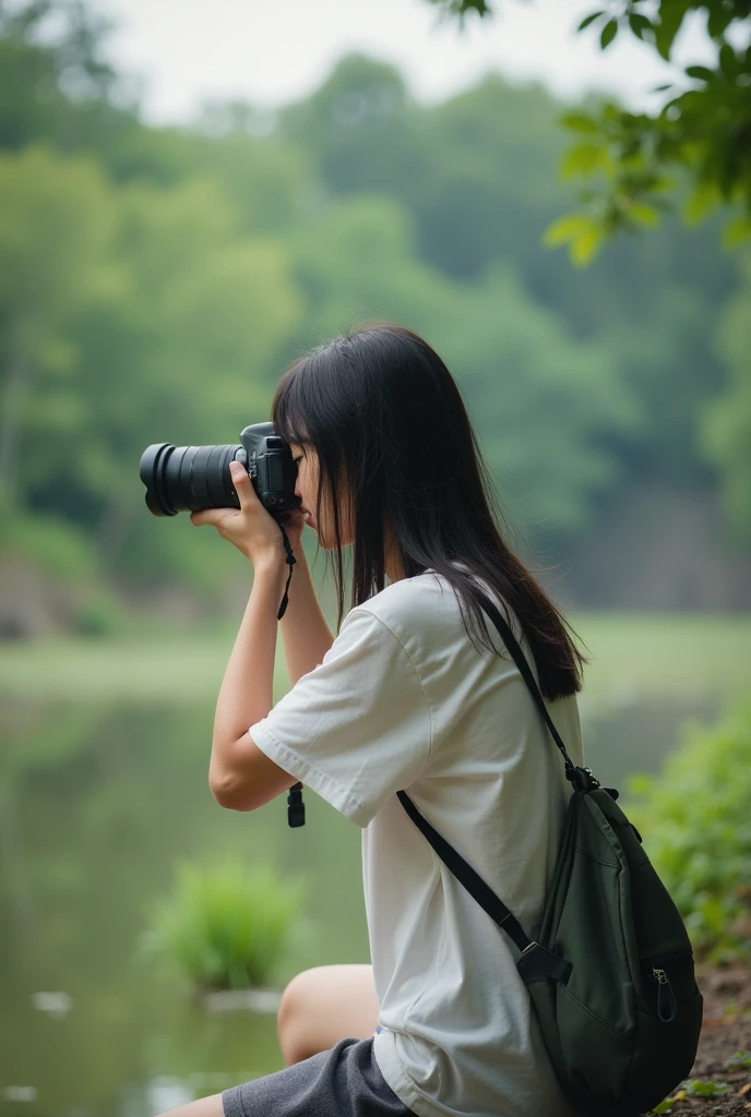 I want a photo where there is one guy of 19 years holfing camera in his hand and clicking photos where the guy have long hair not much too big but long more long hair than it and clicking photo at the peace and beautiful scene and make sure don't click front side of that guy click from the side or back which will be good and black colour hair asian guy short hair than it and man is wearing half pant and tshirt just little bit more short hair and click from more side and dont show that face too much just a little bit little bit more long hair