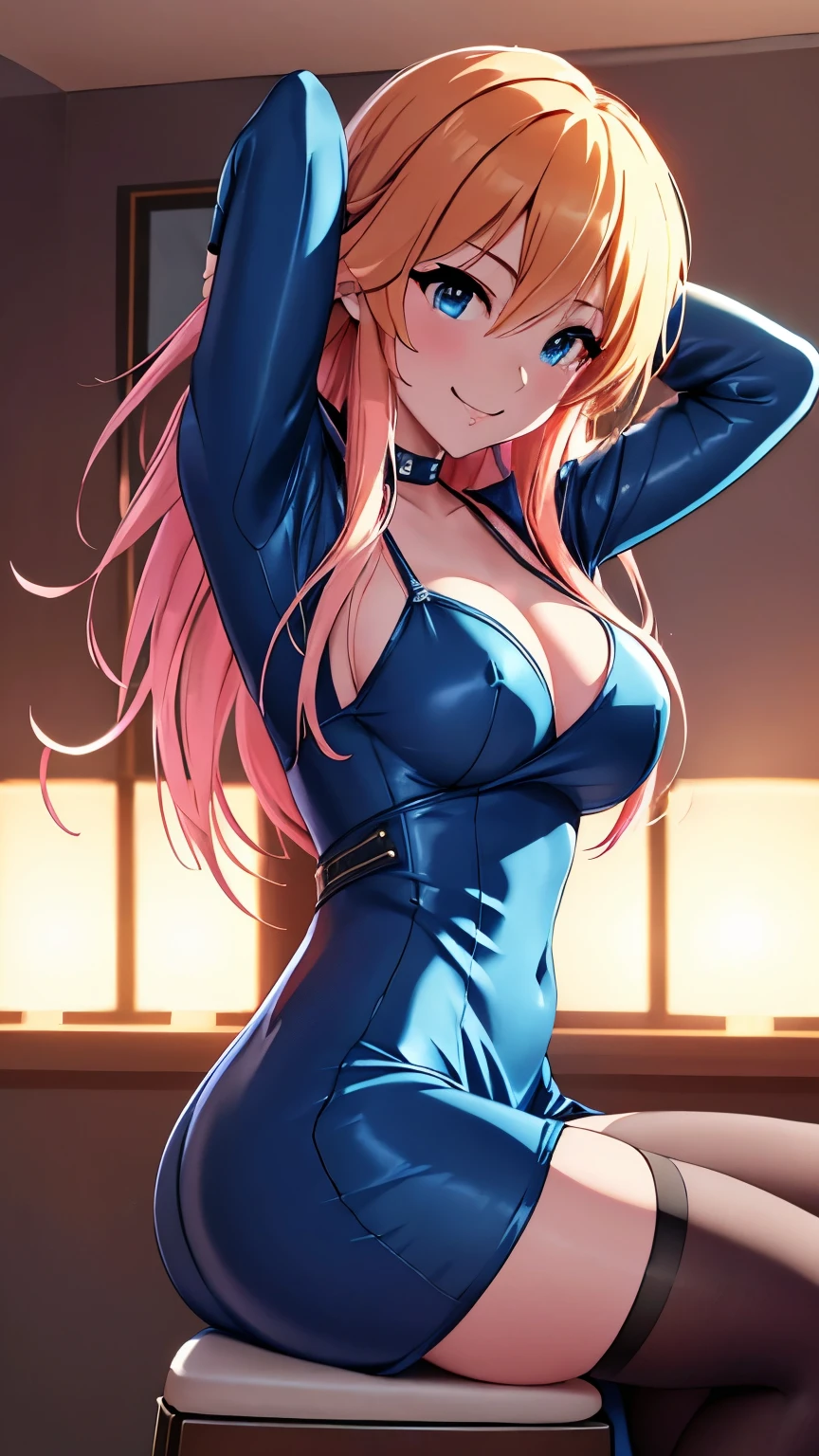 Asuka Ninomiya,light orange hair,long hair,blue backhair,Light blue extensions,Blue eyes,Slit eyes,Narrow eyes, 1 person，(masterpiece)、（Best image quality）、（Very detailed）、（Very detailed）、4K、（8k）、Best image quality、（beautiful）, (Huge breasts、Bust H cup), Wet,View here, Big Breasts, Mature Woman, Masturbation，blush, smile, Inside the house,Navy Blue Dress,(ネイビーのlatexのドレス),(metallic blue dress),((latex)),tights,Thighs,Dress with an empty back,back,Huge Ass,Show your ass,(NSFW),Cleavage,(Seduce)、Sexy pose,性的なsmile,sexual body shape,Obscene expression,A woman with a very strong sexual desire,Lewd woman,sex,(orgasm:1.3)