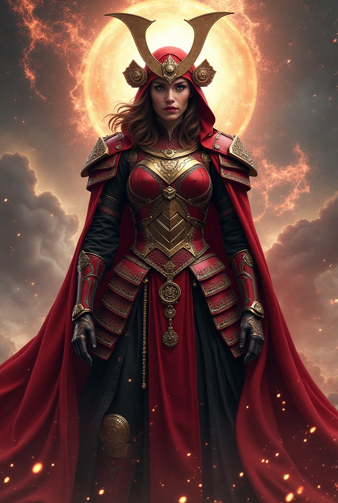 Scarlet witch in samurai armor, two pointed crown, red cape