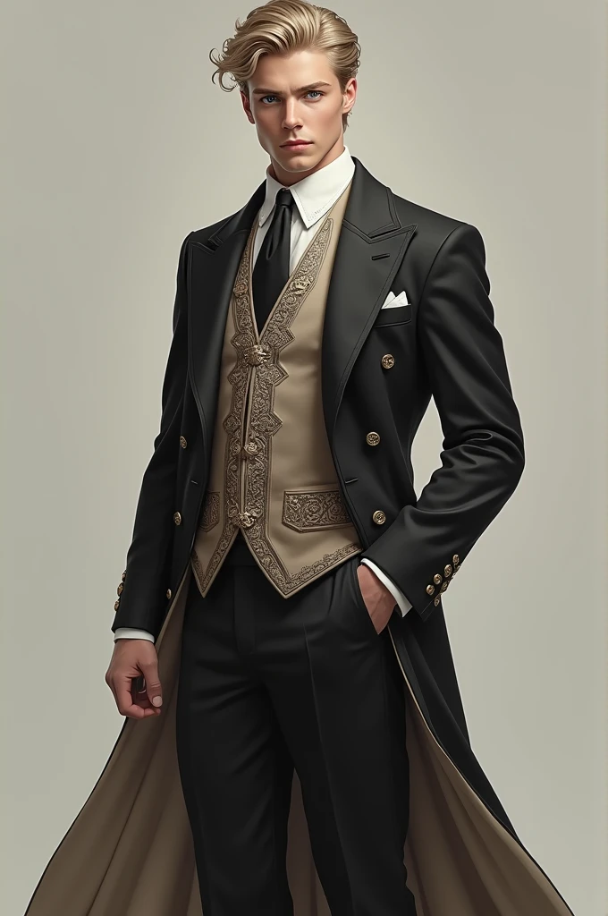 A young blond man in a suit and tunic with grey eyes