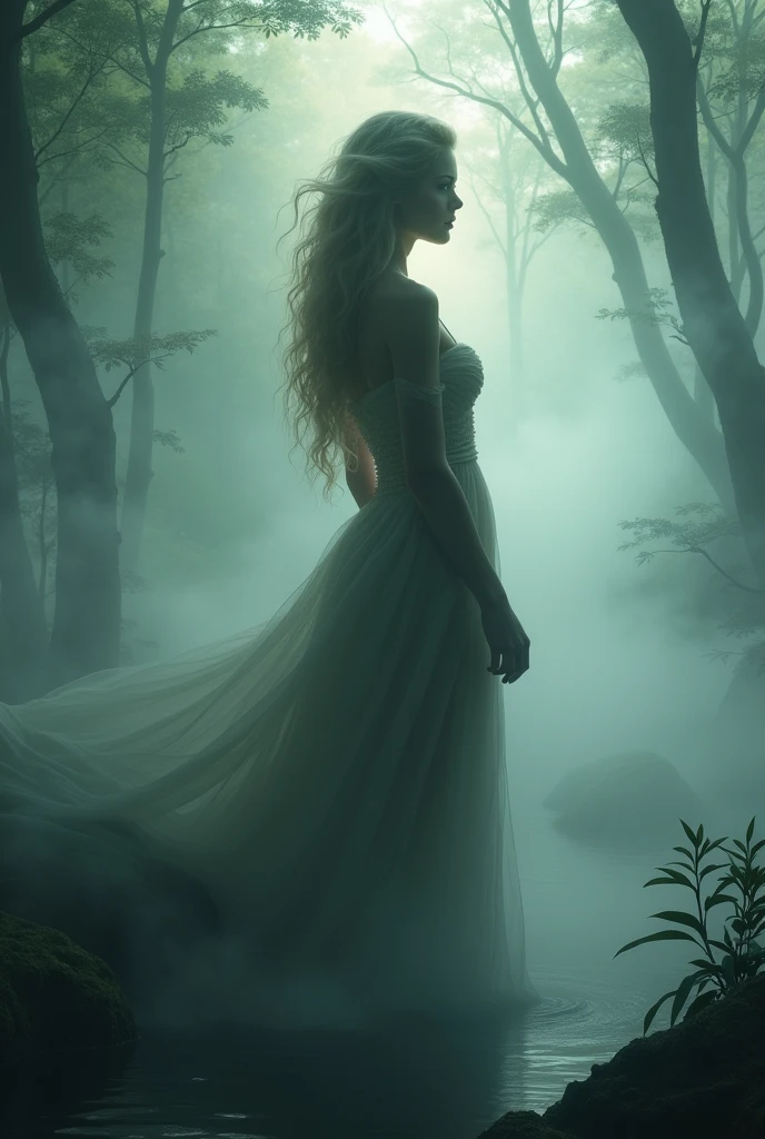 (masterpiece, Highest quality, Very detailed, Beautiful details in the eyes, Clean and delicate face), Ultra-realistic, Wide Shot, 1. Female, alone, whole body, A blonde woman stands by a forest spring, ((A mysterious, thick mist surrounds only her body., Her face is clearly visible, Her body is only visible as a silhouette)), Her silhouette has a beautiful figure, ((It&#39;s as if the goddess is shrouded in a mysterious mist.)), Beautiful Art Ultra HD 8K, 8KのVery detailedデジタルアート, Generated in SFW、mysterious、Fantasy