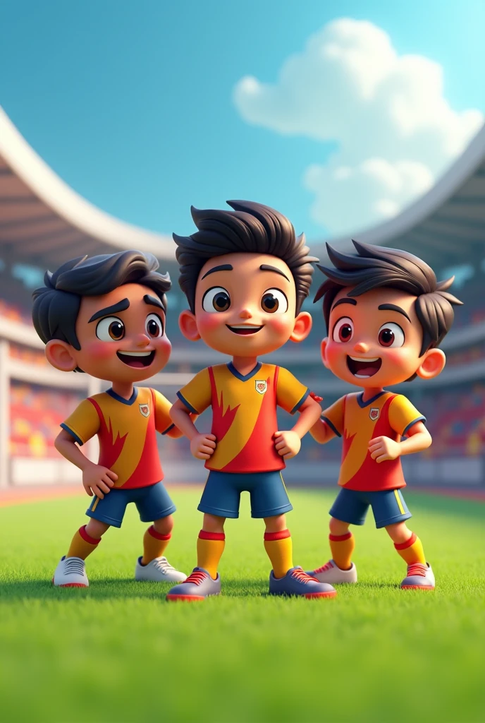 3 friends in a football team the boy name shubham written on the Jersey and another name is Sukit written on the Jersey and the last name is arjun written on the jersey to ready for photo click 3d cartoon