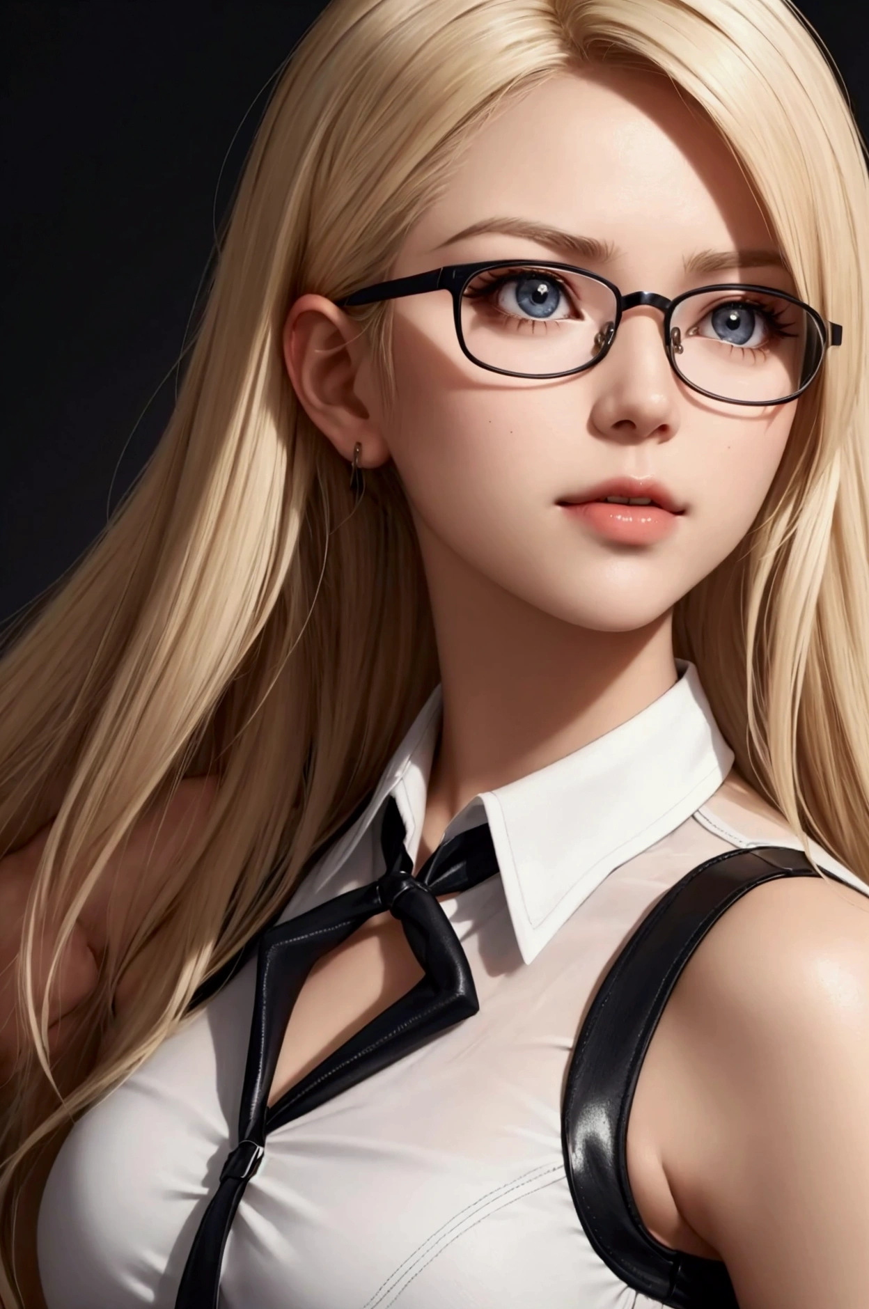 Generate me a woman with glasses and half-disheveled blonde hair who is pointing in different directions