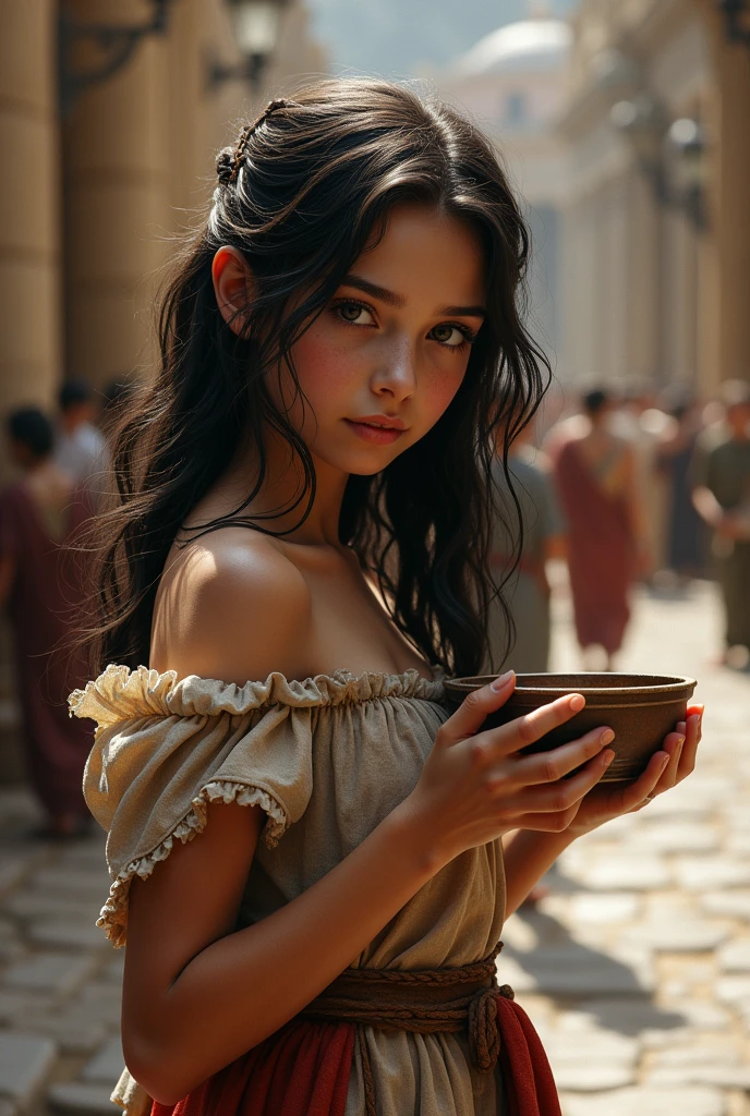 A beautiful Roman girl is begging on the street with a bowl. Hyper-realistic photography.
