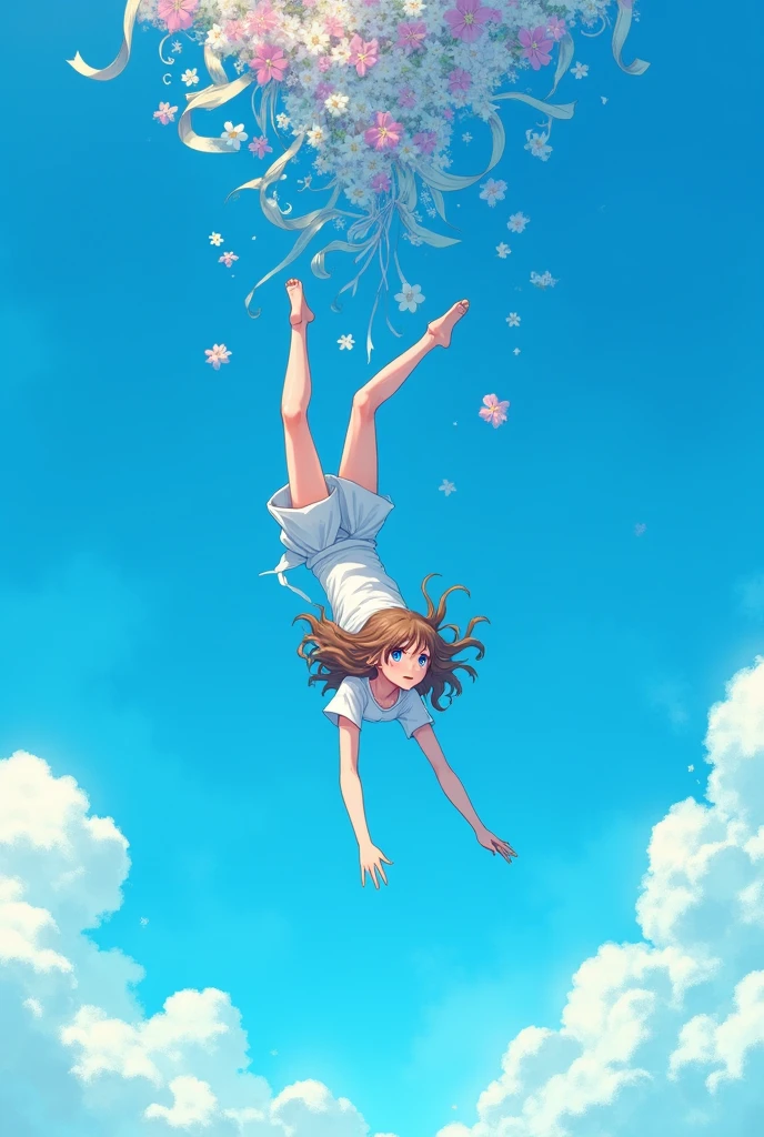 Blue sky,drop down,High resolution, One person, accessories, abstract expressionism, Anatomically correct, Highest quality, High resolution, Wide-angle shot, anime girl, falling from her head, lofi